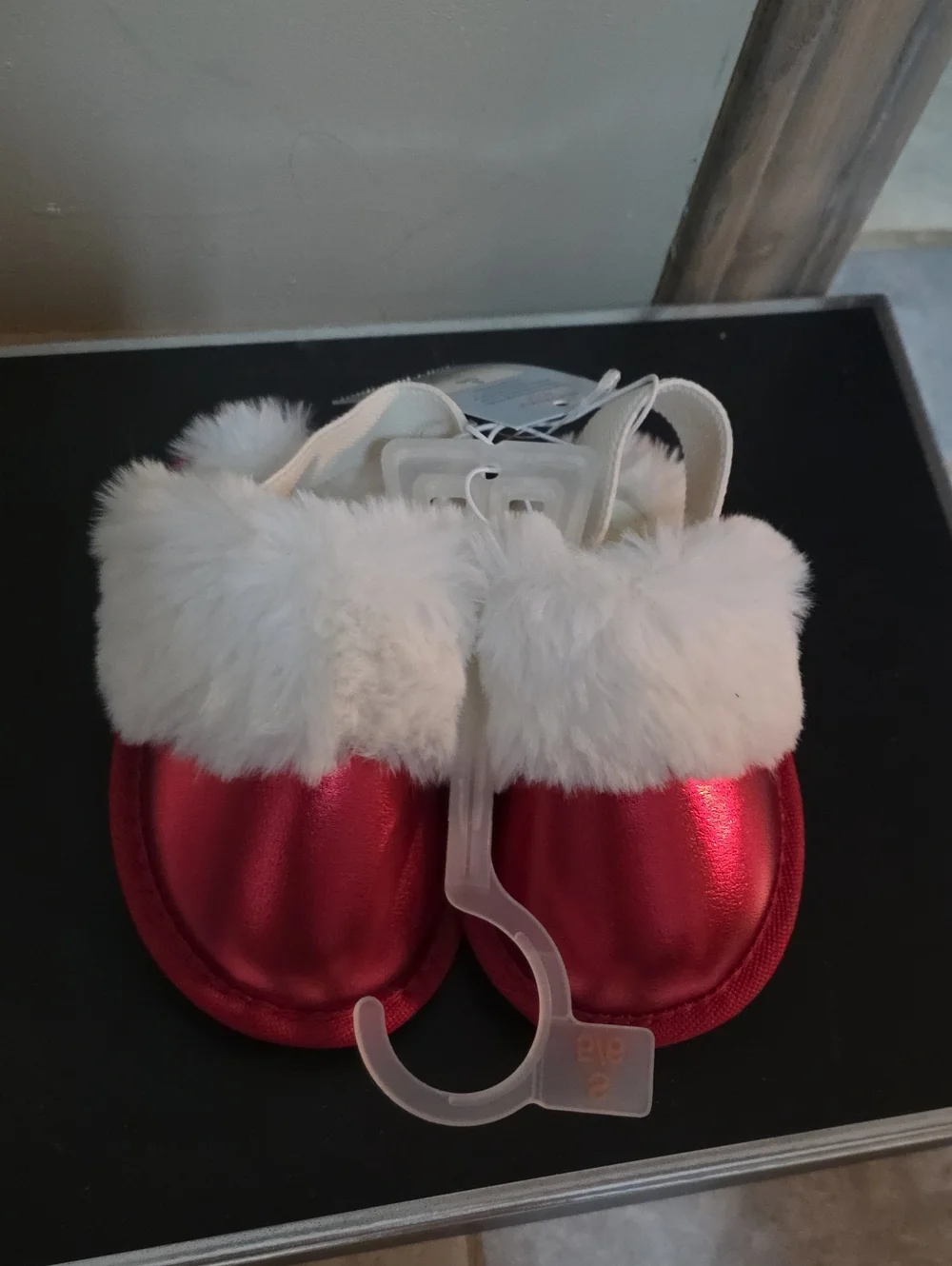 Red Faux-Fur Trim Kids Slippers